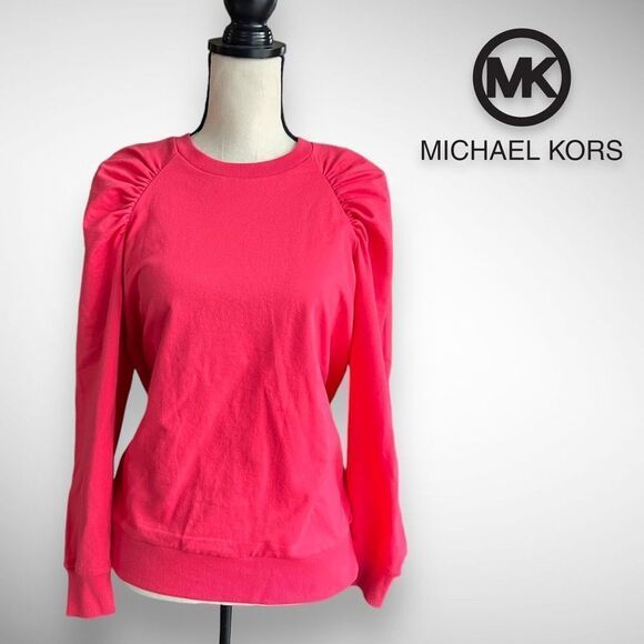 🚫SOLD🚫NWT Michael Kors Crew Neck Puff Shoulder Long Sleeve Top in Geranium - Picture 11 of 11
